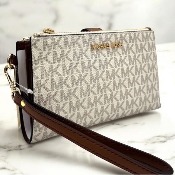 Michael Kors Large Jet Set Travel Double Zip Wallet Vanilla/Brown - Picture 3 of 10